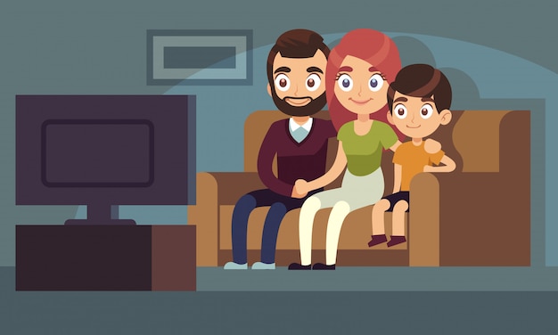 Семья смотрит телевизор. счастливая семья смотреть телевизор домашняя  комната сидя диван женщина мужчина дети в помещении развлечения телевизор  плоский концепция | Премиум векторы