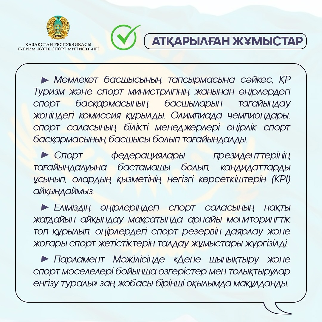 1734020813313045.jpg Бүгін ҚР Туризм және спорт министрі қызметіне кіріскеніме 100 күн толып отыр. Осы уақыт аралығында Мемлекет басшысының тапсырмаларына сәйкес нақты мақсаттар қойылып, соларды жүзеге асыру бағытында бірқатар маңызды .jpg